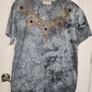 Vintage 80s Visage Ladies Fashion Grey Tie Dyed Studded One of A Kind Shirt